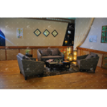 Trendy Design Indoor Water Hyacinth Sofa Set with Acacia Wooden Frame and Natural Wicker